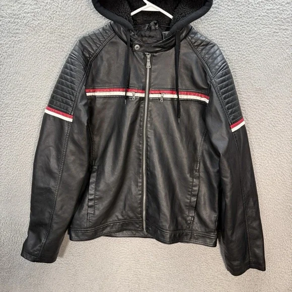 Hard Edge Jacket Adult XL Black Faux Leather Motorcycle Biker Hooded Moto Y2K - Picture 10 of 12